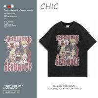 CHIC ผ้าฟอกดำ เสื้อยืดแขนสั้นพิมพ์ลายการ์ตูนวินเทจ D0041