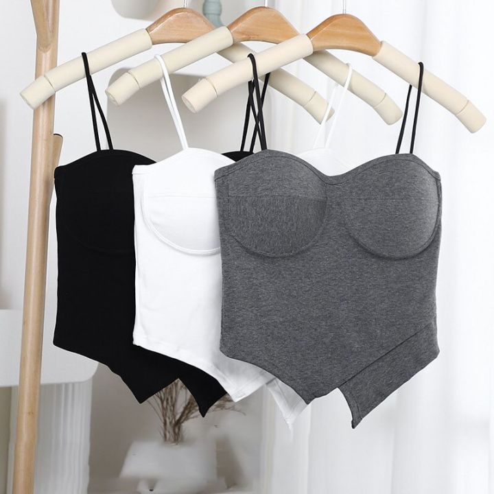 Summer Sleeveless Spaghetti Strap Slim Tube Top Seamless Built In Bra  Camisole for Women Padded Crop Tops Sexy Solid Color