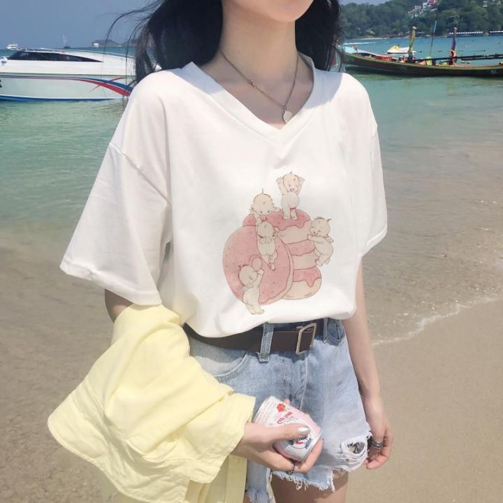 เสื้อยืดสำหรับผู้หญิงสไตล์เกาหลีเสื้อยืดพิมพ์ลายสีขาวคอตตอน100-เสื้อยืดเสื้อยืดผู้หญิงแฟชั่นคอวีแขนสั้นทรงหลวมใหม่
