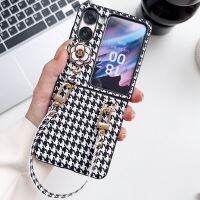 HOCE 3D Camellia โบว์ Houndstooth เคสโทรศัพท์สำหรับออปโป้ไฟนด์ N2พลิกด้วยโซ่มือป้องกันการกระแทกฝาหลัง