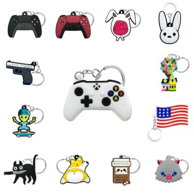 1PCS PVC Key Chain Fashion Joystick Anime Figure Cute Animal Cats Keychain Peel Frogs Car Key Rings Kids Favor Birthday Gift