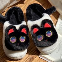 Women Indoor Cotton Fur Slippers Winter Warm Plush Shoes Non-Slip Thick Sole Soft Home Cute Cartoon Cat Platform Flats