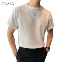 COD dsfrteryewe OKADY เสื้อยืดแขนสั้นผู้ชายวาฟเฟิล ฤดูร้อนใหม่ คอกลมหลวม เย็นสบาย