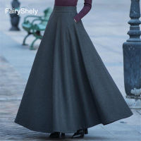 FairyShely 2020 Autumn Winter Retro High Waist Pleated Skirt Women Casual Pocket Woolen Maxi Skirt female Flare Red Long skirt