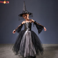 Girls Gothic Halloween Ghost Witch Costume Flare Sleeve Kids Gown Robe Tutu Dress with Witch Hat for Purim Carnival Party