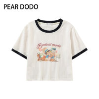 PEAR DODO การ์ตูนเกาหลีเสื้อยืดสั้นพิมพ์ลายคอกลมสนุกสำหรับผู้หญิง