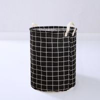 Black lattice Laundry Basket Cotton Linen Foldable Organizer Round Waterproof Laundry Bucket Clothes Toys Large Capacity Home Storage Basket