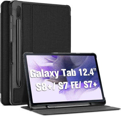 ProCase Galaxy Tab S8 Plus/S7 FE 2021/S7 Plus 2020 12.4 Inch Case with S Pen Holder(SM-X800 X806 T730 T736 T970 T975 T976 T978), Slim Stand Folio Smart Cover for 12.4" Galaxy Tab S8+ S7 FE S7+ -Black
