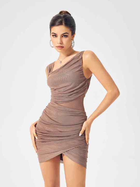 Cider Solid Mesh Asymmetrical Neck Dress Lazada PH