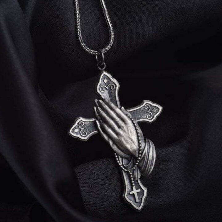 light-amp-z-new-hands-praying-cross-retro-hip-hop-necklace-europe-and-the-united-states-plated-925-thai-silver-black-non-peeling-pendant