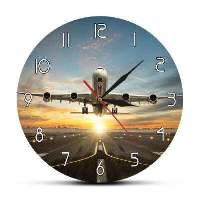 Huge Two Storeys Commercial Jetliner Wall Clock Commercial Airplane Taking of Runway in Dramatic Sunset Light Modern Home Decor