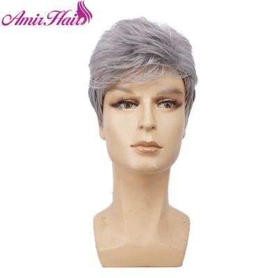 Amir Synthetic Short Ombre Sily Grey wig Striaght hair Wig for Men Male Hair Fleeciness Realistic Hair Wigs