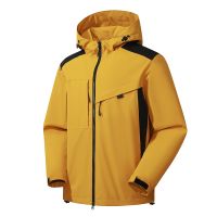 Men Jacket Custom Logo Autumn Patchwork Hooded Waterproof Windbreak Outdoor Hiking Softshell Jacket