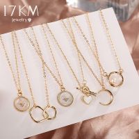 17KM Vintage Gold Color Irregular Circle Pendant Necklace For Women Fashion Round Pearl Moon Heart Necklaces Trend Jewelry Gifts