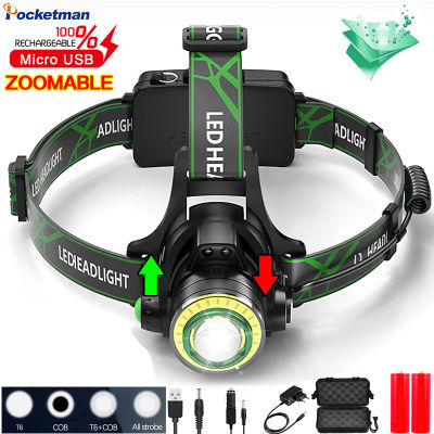 8000lm New T6 COB LED Headlight USB DC Rechargeable Headlamp Waterproof Zoomable Head Lamp Camping Head Light Head Torch