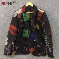 PFHQ Autumn Mens Cartoon Organza Print Suit Jackets Fashion Perspective Sunscreen Casual Contrast Color Creativity Tops 21Z1383