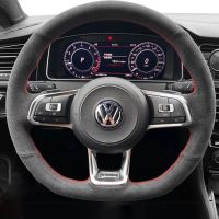 ที่หุ้มพวงมาลัยรถยนต์หนังนิ่มสีดำเย็บด้วยมือแบบทำมือสำหรับ Volkswagen VW Golf 7 GTI Golf R MK7 VW Polo GTI Scirocco 2015 2016