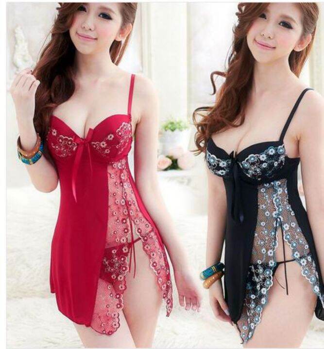 free-shipping-2015-women-fashion-sexy-silk-sleepwear-lace-hallow-out-floral-sleeping-dress-nightgown-set-t-back-camisola-ap039