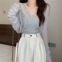 Chic Gentle Lace V-Neck Knitted Base Shirt Womens Spring Inner Wear Unique Design Sense Thin Sweater