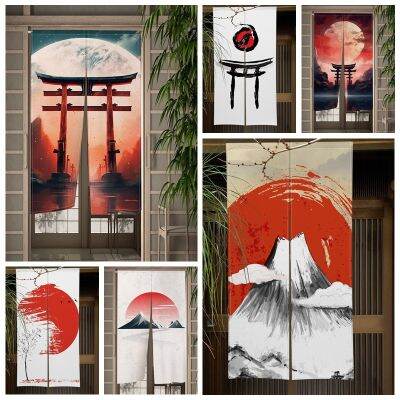 Japanese Doorway Partition Curtains Mount Fuji Red Sun Door Curatin Cherry Blossoms Kitchen Bedroom Room Door Decor Half Curtain