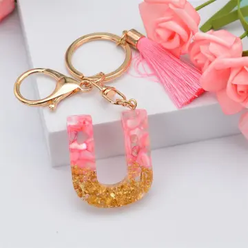 Stylish Pink Letter E Rose Gold Metallic Monogram Keychain