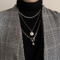 [ Ready Stock ] Hip Hop Fashion Metal Three-Layer Necklace Coin Metal Ball Multi-Layer Necklace Sweater Chain Gothic Harajuku Cross Pendant Chains