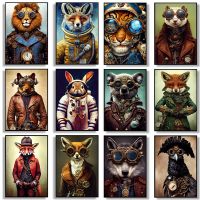 Retro Funny Animal Steampunk Poster Art ภาพวาดผ้าใบของแมว,สุนัข,สิงโต,หมาป่า,นักบินอวกาศ,เสือ,และกอริลลาสำหรับห้องนั่งเล่นตกแต่งบ้าน