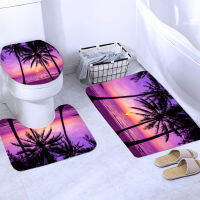 3D Dusk Beach Coconut Tree Waterproof Shower Curtains Purple Polyester Bathroom Sets Toliet Lid Cover Non-Slip Bath Mat Carpet