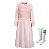 Elevens Long Sleeve Pink Dress Costume For Stranger Things Halloween Cosplay Women Girl Doll Collar Evening Party Beading Dress