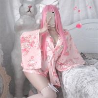 Japanese Kimono Sexy Cosplay Outfit Women Traditional Bathrobe Yukata Geisha Costumes Pajamas Soft Silk Belt Lingerie Set Sakura