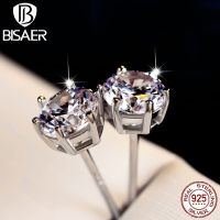 {Han ornaments}BISAER 925เงินสเตอร์ลิง Shining Zircon Stud ต่างหู Six Prong รอบ Platinum Plated Cubic Hypoallergenic หูสำหรับผู้หญิง