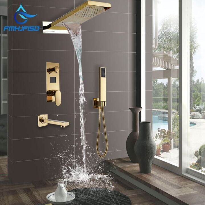 Gold Finish Shower Faucet 3 Ways Waterfall Rain Shower Head Digital