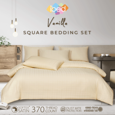 ibed ชุดผ้าปูที่นอนครบเซ็ท Softex Satin (ลายสี่เหลี่ยม) Vanilla 3.5 ฟุต,5 ฟุต,6 ฟุต - SQUARE COLLECTION