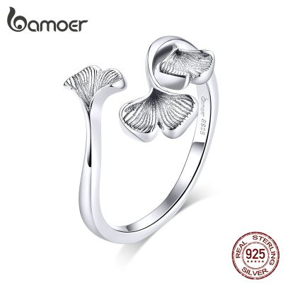 [MM75] Bamoer เงิน925ออกแบบใบแปะก๊วยแหวนนิ้วสำหรับผู้หญิงวินเทจ Bijoux 925เงินสเตอร์ลิงอินเทรนด์เครื่องประดับจัดงานแต่งงาน BSR097