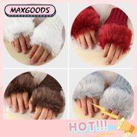 MAXG Outdoor Sheep Wool Knitted Exposed Finger Couples Fingerless Mittens Faux Rabbit Fur Wrist Gloves