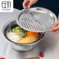 SHUBA 3 In 1ป้องกันสนิมสำหรับห้องครัวเงิน Keranjang Tirisan ในครัวเรือนที่หั่นผลไม้ที่ตัดผักเครื่องขูดผัก/ผลไม้