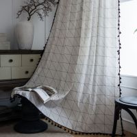 Emanqi rhyme curtain finished white geometric printing American small window kitchen cotton linen semi-shading bay 【MAY】