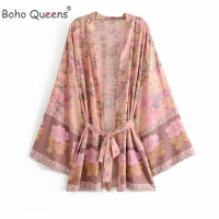 Boho QUEENS ผู้หญิงดอกไม้พิมพ์ sashes แขนค้างคาว Beach Bohemian kimono ชุดสุภาพสตรี V คอฤดูร้อนเปิด COVER-UPS