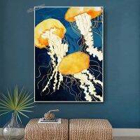 Luyameishop สวยงาม Marine Life แมงกะพรุน Canva ภาพวาดโปสเตอร์และพิมพ์ Metallic Wall Art ภาพจิตรกรรมฝาผนังรูปภาพสำหรับ Home Room Decor