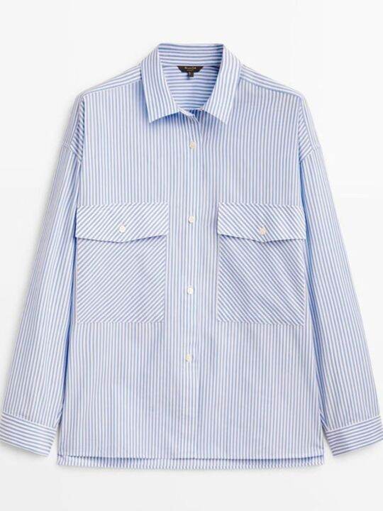 massimo-dutti-คอลเลกชัน2023แฟชั่นฤดูใบไม้ผลิ-ฤดูร้อนของผู้หญิงเสื้อเชิ้ตมีลายหลวมสีน้ำเงินแขนยาวมีกระเป๋าการอาบแดดที่ได้รับการป้องกันและผ้าฝ้ายสวมใส่สบาย