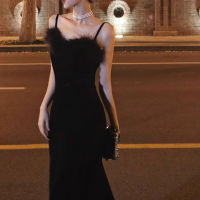 Spot parcel postZANZAN Black Dress Womens Autumn Winter Sexy Suspender Fishtail Dress Temperament Velvet Dress 2023 Long Skirt