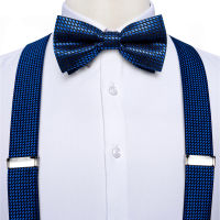 ยืดหยุ่นผู้ชายผู้หญิง Y-กลับ Suspenders Bowtie กระเป๋าสแควร์กระดุมข้อมือชุดโลหะหนัง6คลิปจัดฟันปรับสายรัดสำหรับพรรค