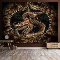 【 YUYANG Lighting 】 Vintage Room Decor Tapestry Chinese Dragon Totem Psychedelic Kawaii Home Living Dorm Bedroom Aesthetic Cute Blanket