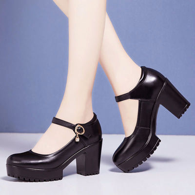 LIHUAMAO Fashion women square heel Mary Jane shoes platform round toe ankle strap high heel pumps uniform office lady shoes