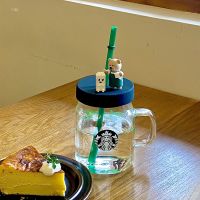 Starbuck Cartoon ผ้ากันเปื้อนสีเขียวน่ารัก Bear Sipper Cup With Lid Large Capacity Glass Water Cup