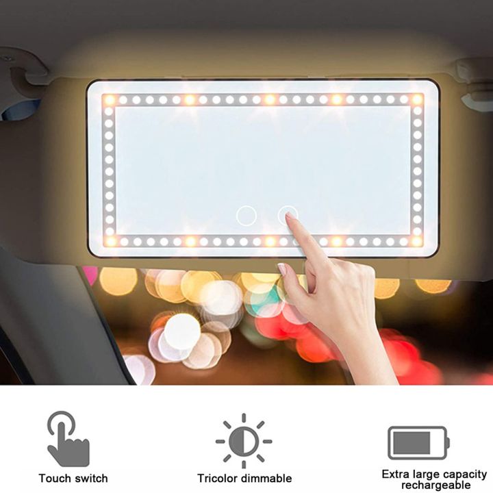 ราคาถูก-กระจกโต๊ะเครื่องแป้งรถยนต์แบบชาร์จไฟได้-pratical-3โหมดแสง60-leds-กระจกแต่งหน้า