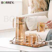 BORREY 1.8L เหยือกน้ำแก้วทองร้อนน้ำเย็นหม้อชาน้ำผลไม้เครื่องดื่มกาน้ำชากร๊าฟที่มีการจัดการกรองชุดกาน้ำชาความร้อนหลักฐาน