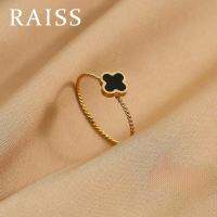 RAISS แหวนใบโคลเวอร์นำโชคนาฬิกาผู้หญิงสแตนเลสสีดำดอกไม้18K แหวนทองแฟชั่นเครื่องประดับอัญมณีเกาหลี