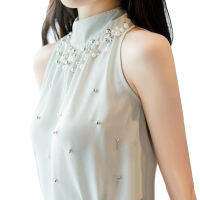 Atasan Sifon ลูกปัดเสื้อสตรีคล้องคอคอจำลองแขนกุดสีทึบผู้หญิงมีสไตล์