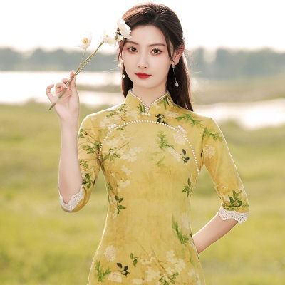 Cheongsam 2022แขนยาวปรับปรุงอารมณ์หนุ่มชุดลูกไม้ผู้หญิงระดับไฮเอนด์